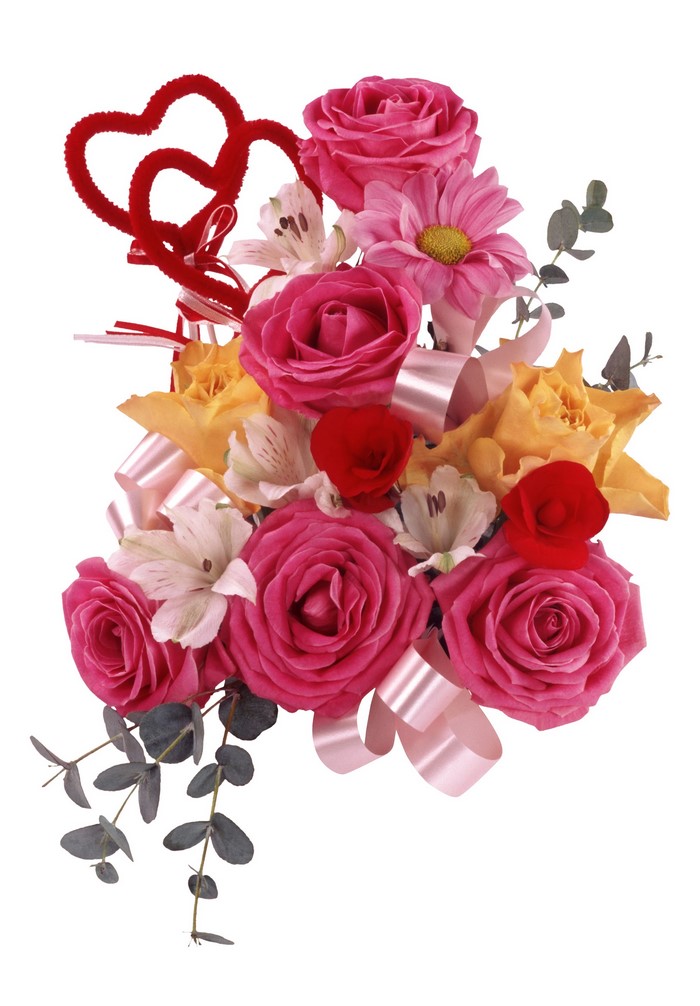 Bouquet of Roses and Alstroemeria with Heart Decorations