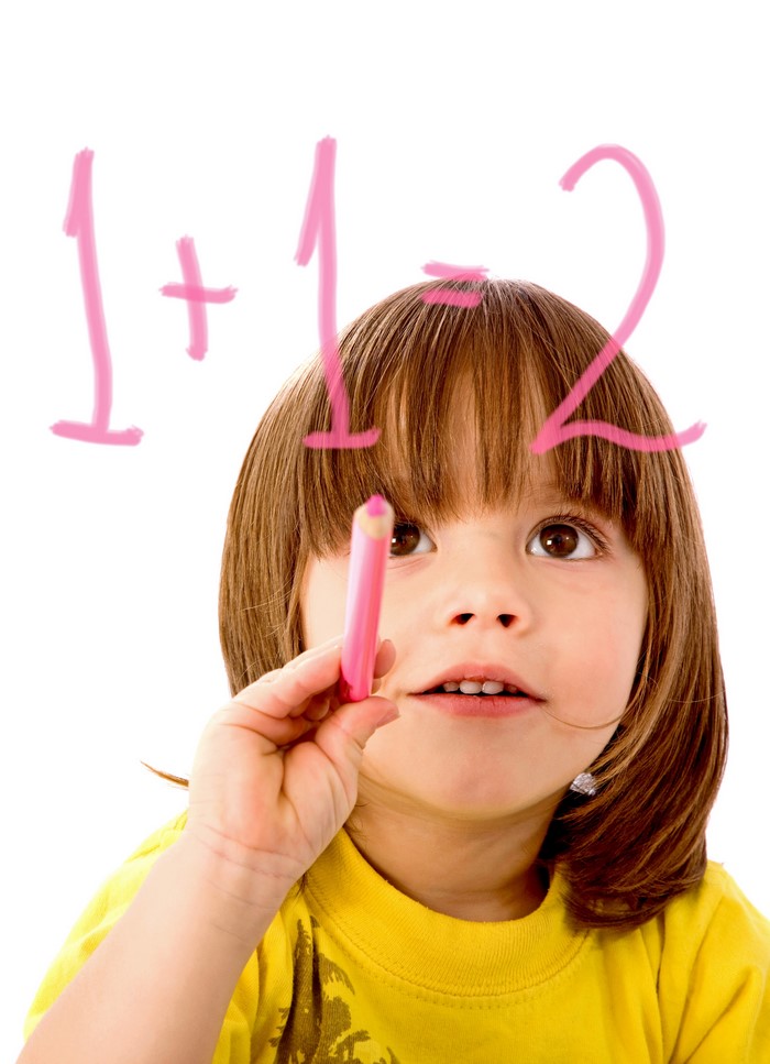 Girl writing 1+1=2 on a white background