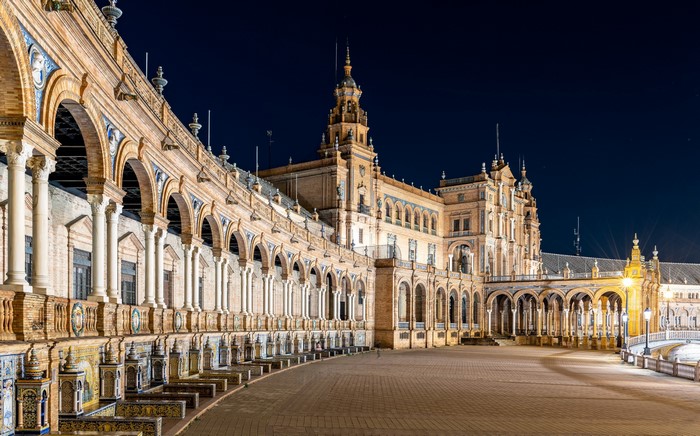 Plaza de España at night, Seville, Spain