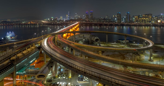 Seoul night cityscape with bridges and river