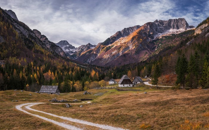 Trenta Valley Slovenia Autumn Mountains and Houses