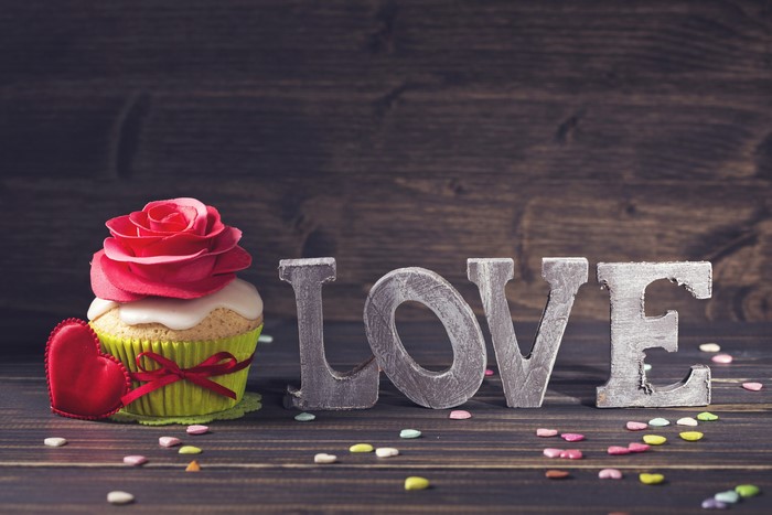 Cupcake with rose and LOVE letters for Valentine's Day