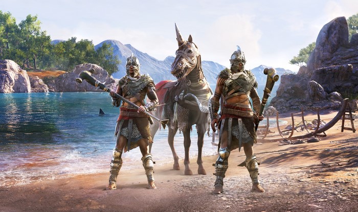 Warriors with a unicorn horse in Assassin's Creed Odyssey DLC