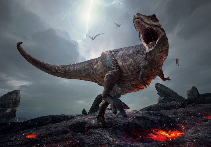 4K Tyrannosaurus rex Roaring Amid Storm and Lava