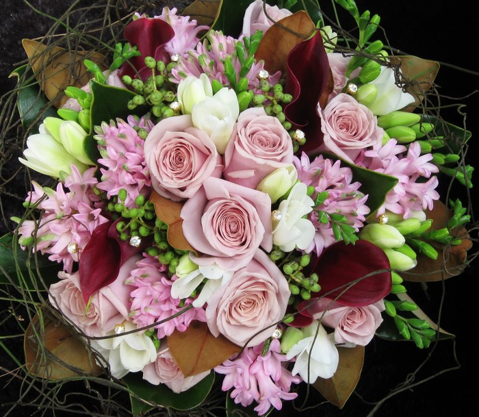 Pink Roses, White Tulips, and Hyacinths Bouquet