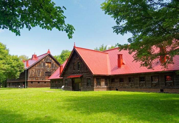 Wooden buildings with red roofs at Hokkaido University