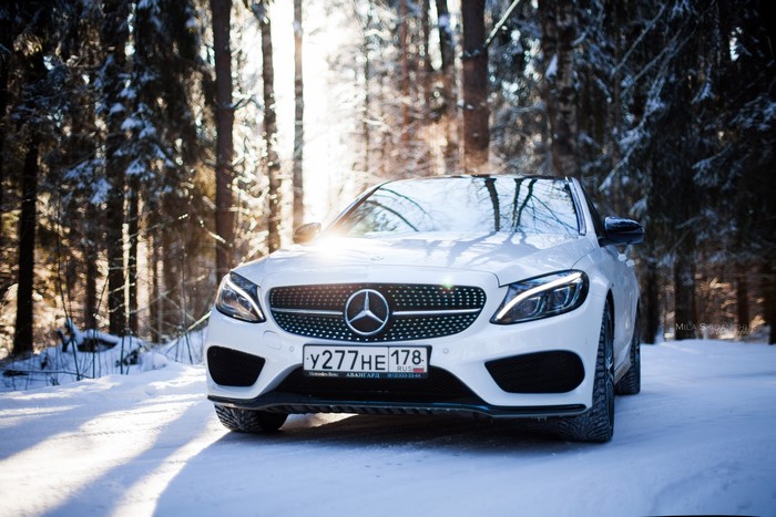 White Mercedes-Benz C450 in a Snowy Forest