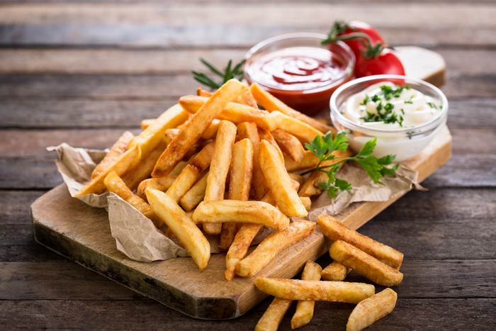 French fries with ketchup and mayonnaise