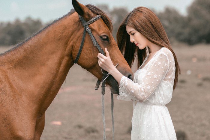 Asian woman with brown hair and a brown horse
