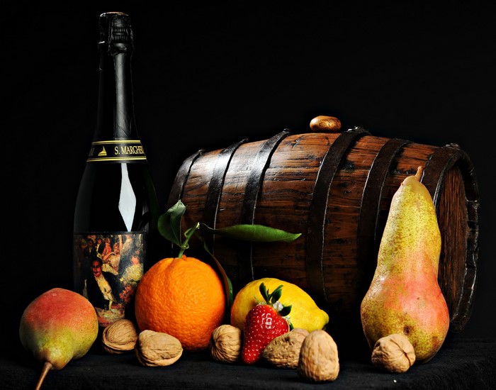 Still life with bottle, barrel, and fruit