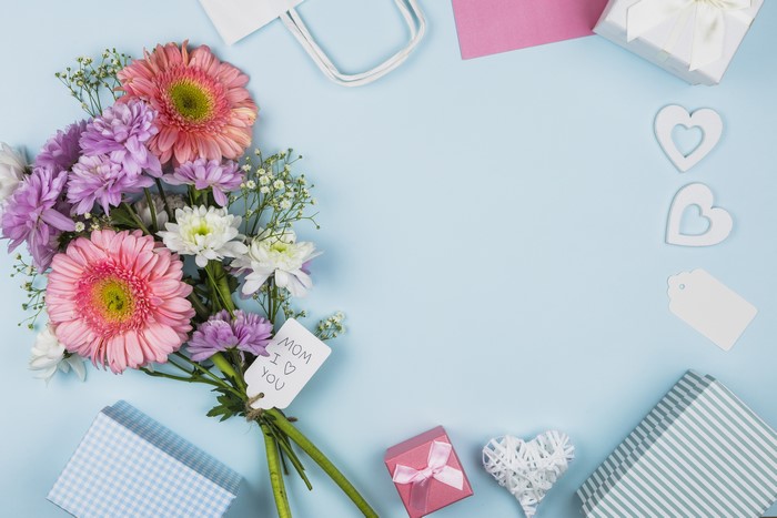 Mother's Day bouquet with gifts and hearts