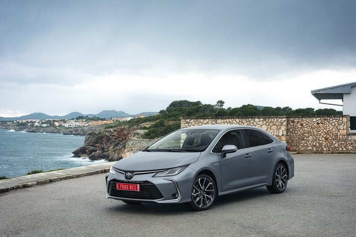 Grey 2019 Toyota Corolla Hybrid Sedan by the Sea