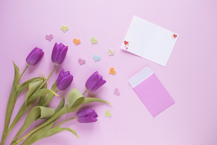 Purple Tulips with Hearts and Greeting Card