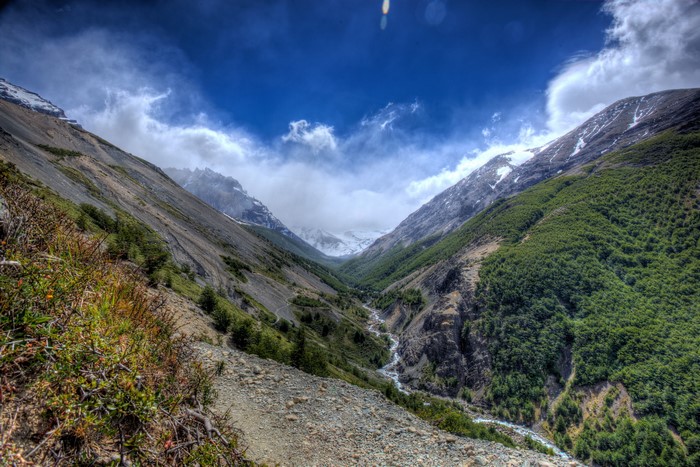 Valley with stream in Torres del Paine National Park, Chile