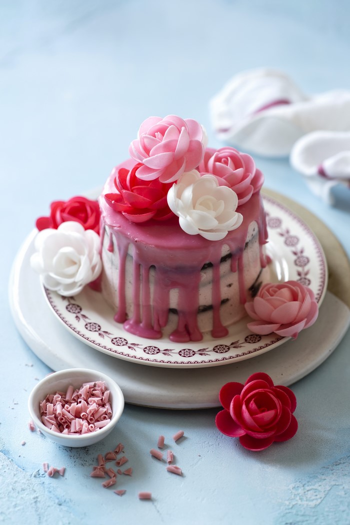 Pink Drip Cake with Rose Decorations