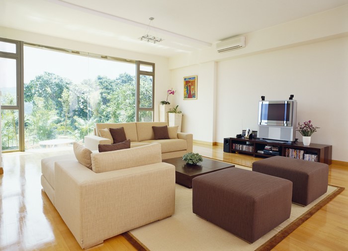 Living room with large windows and modern furniture