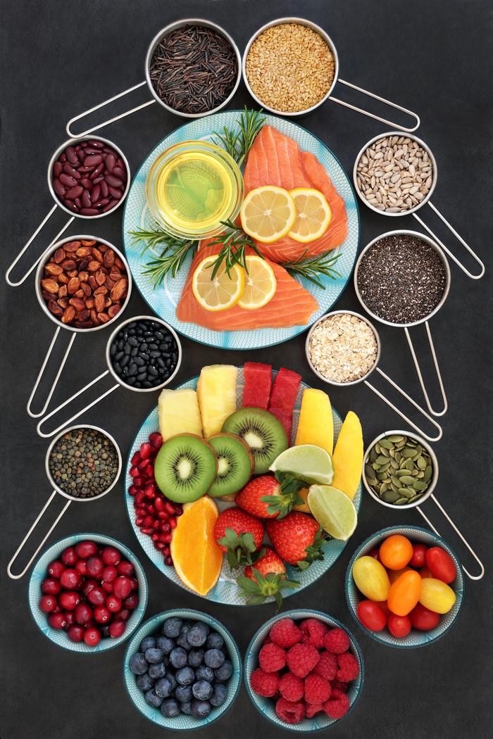 Healthy Food Assortment with Salmon and Fruits