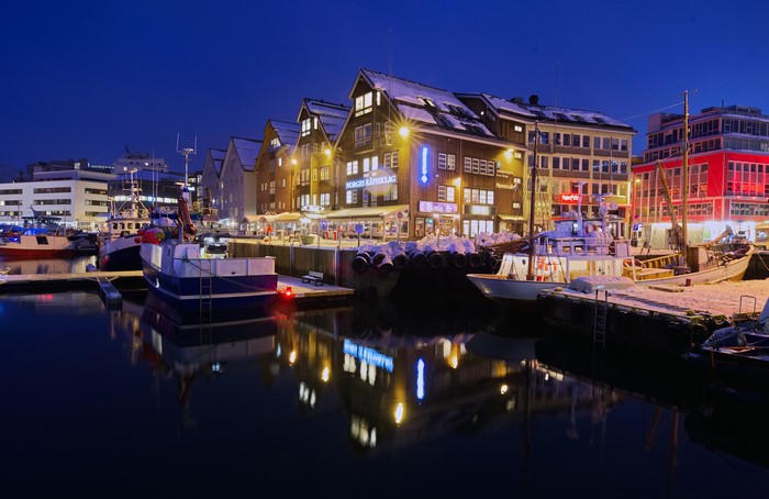 Tromso Norway Harbor at Dusk with Boats and Buildings