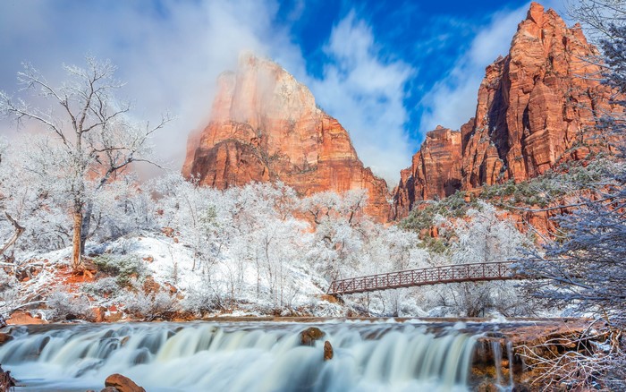Zion National Park Waterfall in Winter with Bridge