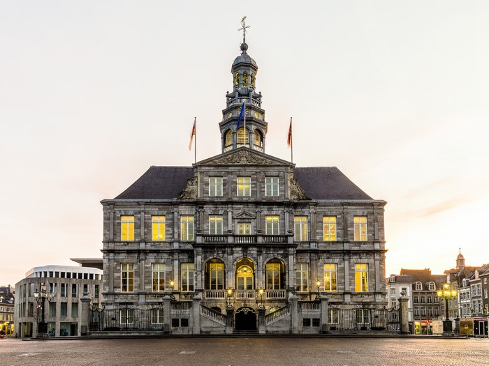 Maastricht City Hall in the Netherlands at dusk