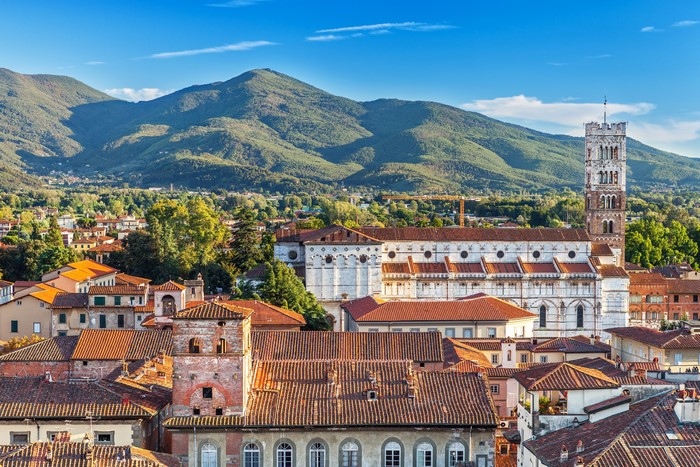 Lucca, Tuscany, Italy with Mountains and Cathedral