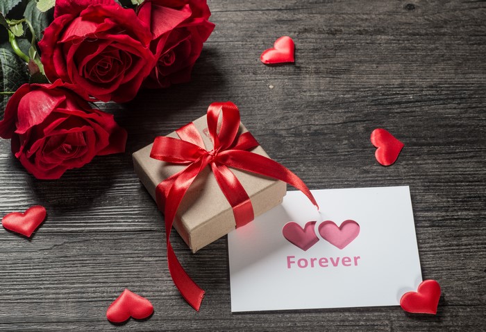 Valentine's Day gift with red roses and hearts