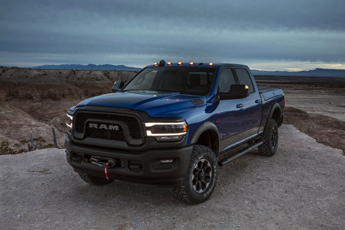 Blue Ram 2500 Power Wagon Crew Cab in desert landscape