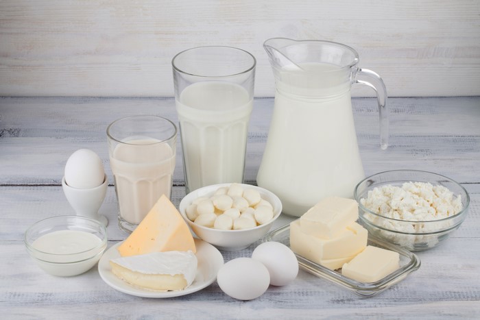 Dairy products and eggs on a wooden table
