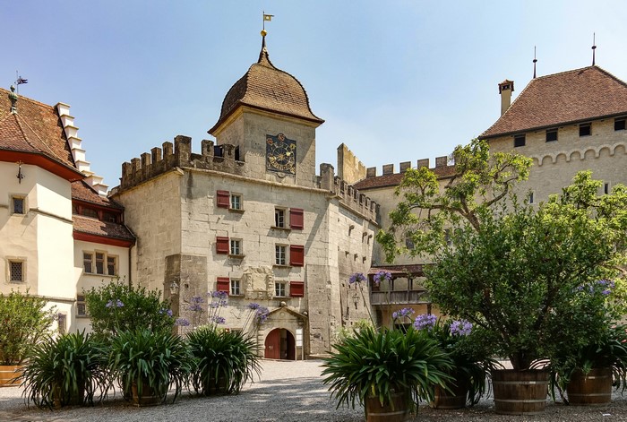 Lenzburg Castle courtyard with plants and trees