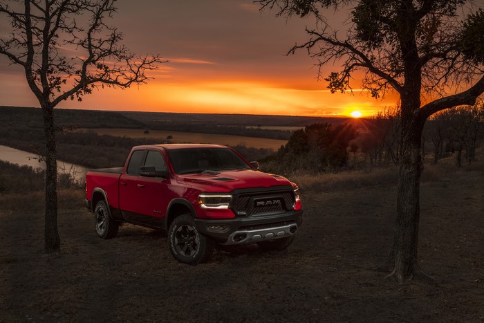 Red 2019 Ram 1500 Rebel Quad Cab Pickup Truck at Sunset