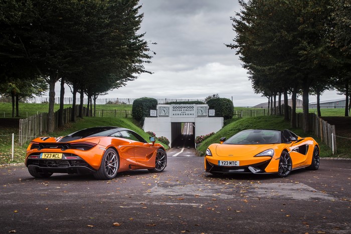 Two orange McLaren cars at Goodwood Motor Circuit