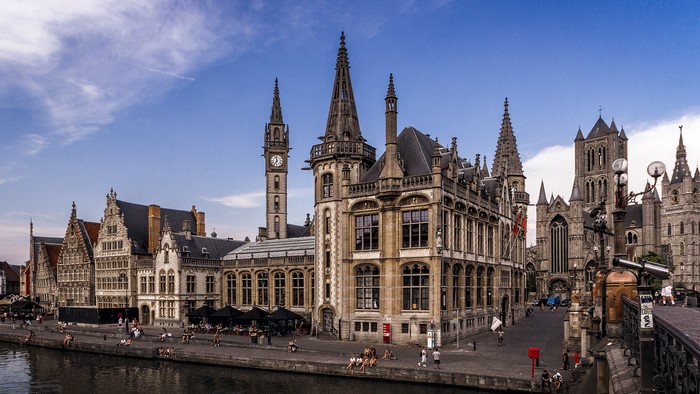 Ghent, Belgium historic buildings along the canal