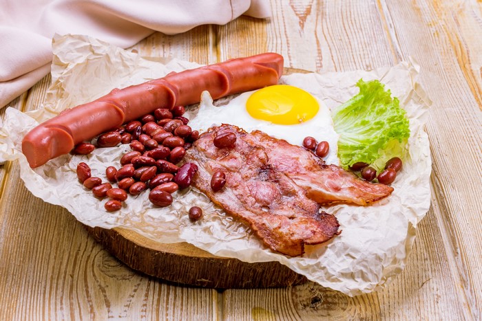 Full English Breakfast with Sausage, Bacon, Egg, Beans, and Lettuce