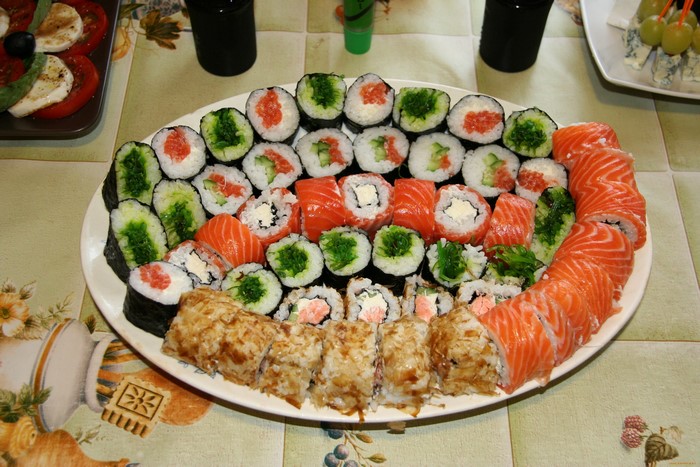 Large platter of assorted sushi and rolls
