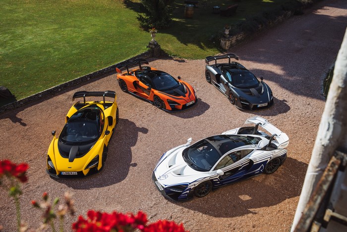 Four McLaren Senna cars from above