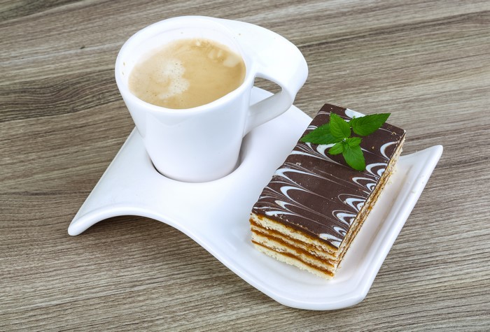 Coffee cup and chocolate cake slice