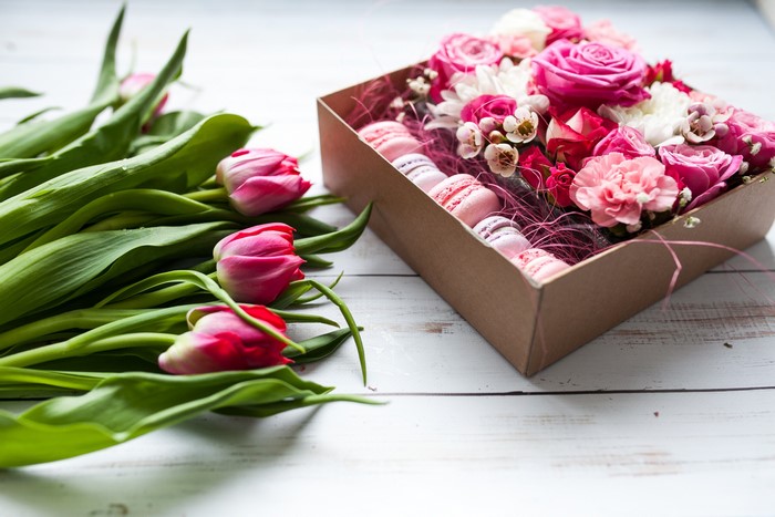 Pink Tulips and Flower Box with Macarons
