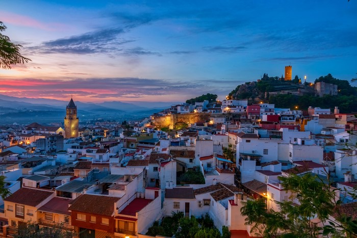 Townscape with castle and church at dusk