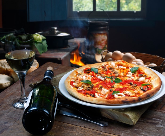 Seafood Pizza with Wine and Eggs