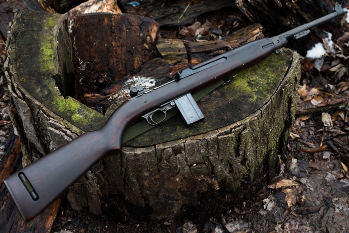 1943 M1 Carbine Inland rifle on a tree stump