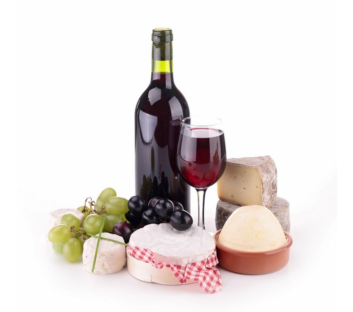 Still life of wine, cheese, and grapes