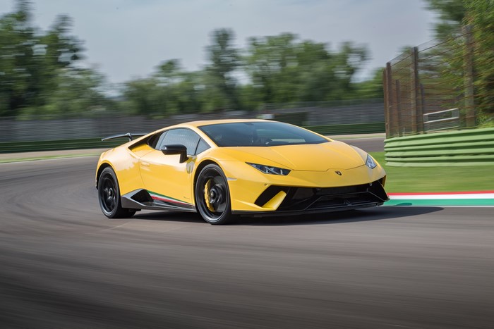 Yellow Lamborghini Huracan Performante on a Racetrack