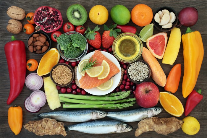 Assortment of Fruits, Vegetables, Nuts, and Fish