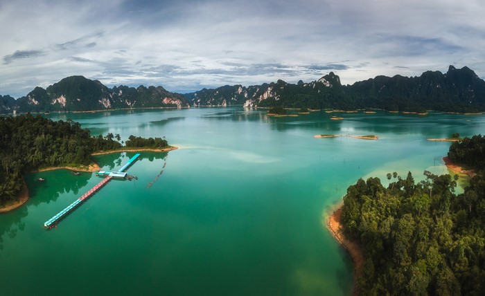 Khao Sok National Park, Thailand, with mountains and a pier