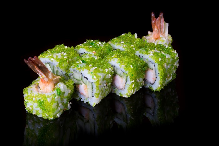Sushi with shrimp and green caviar