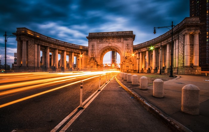 Manhattan Bridge Arch at Dusk with Light Trails
