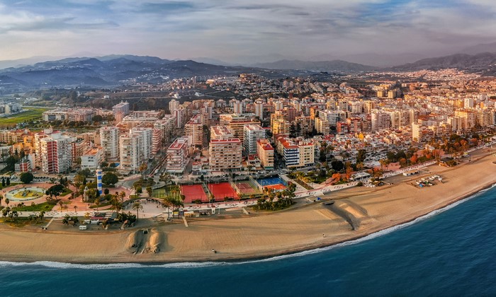 Aerial view of Torre del Mar coastline and buildings