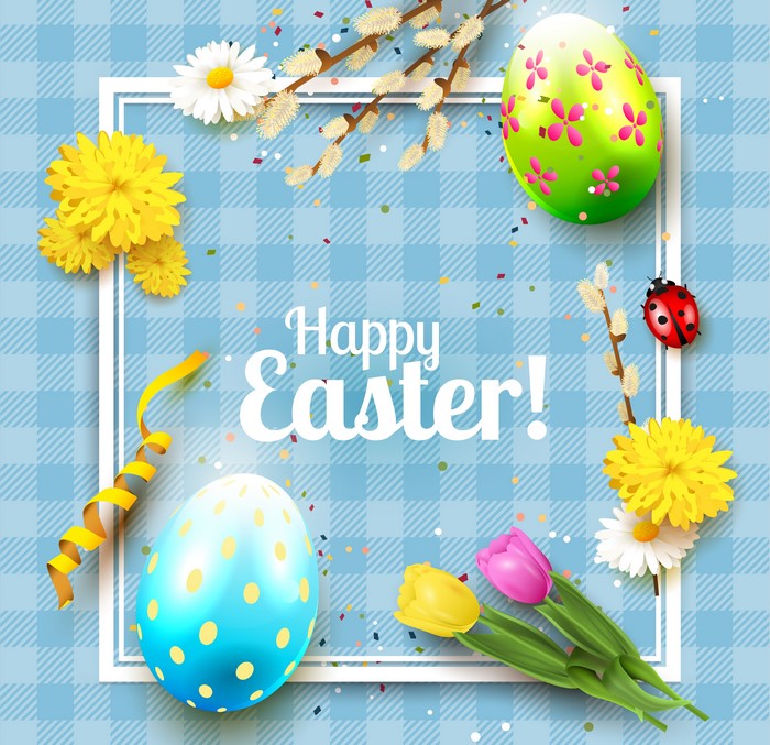 Happy Easter with Eggs and Flowers