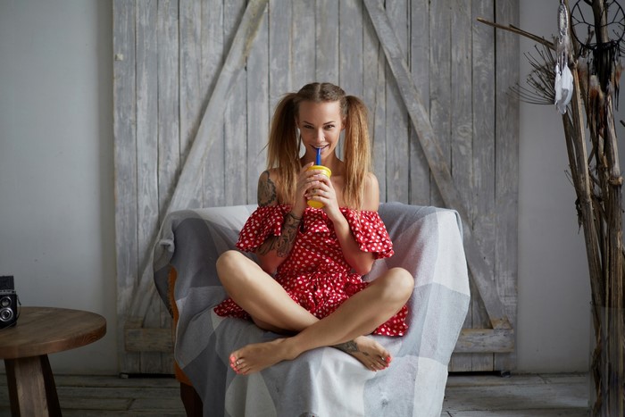 Veronika Wonka sitting with a drink