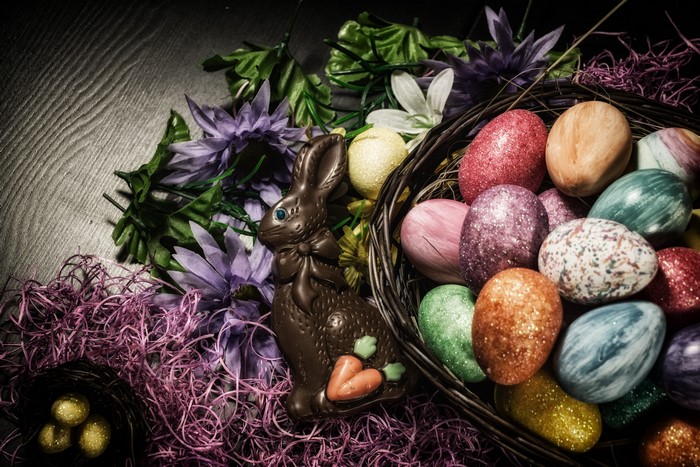 Chocolate Easter Bunny and Glitter Eggs in a Basket